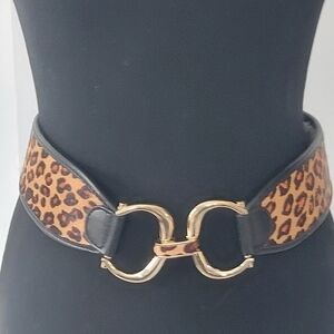 Chico's Leopard Print Calf Hair and Elastic Wide Belt LaegeGold Hardware Closure
